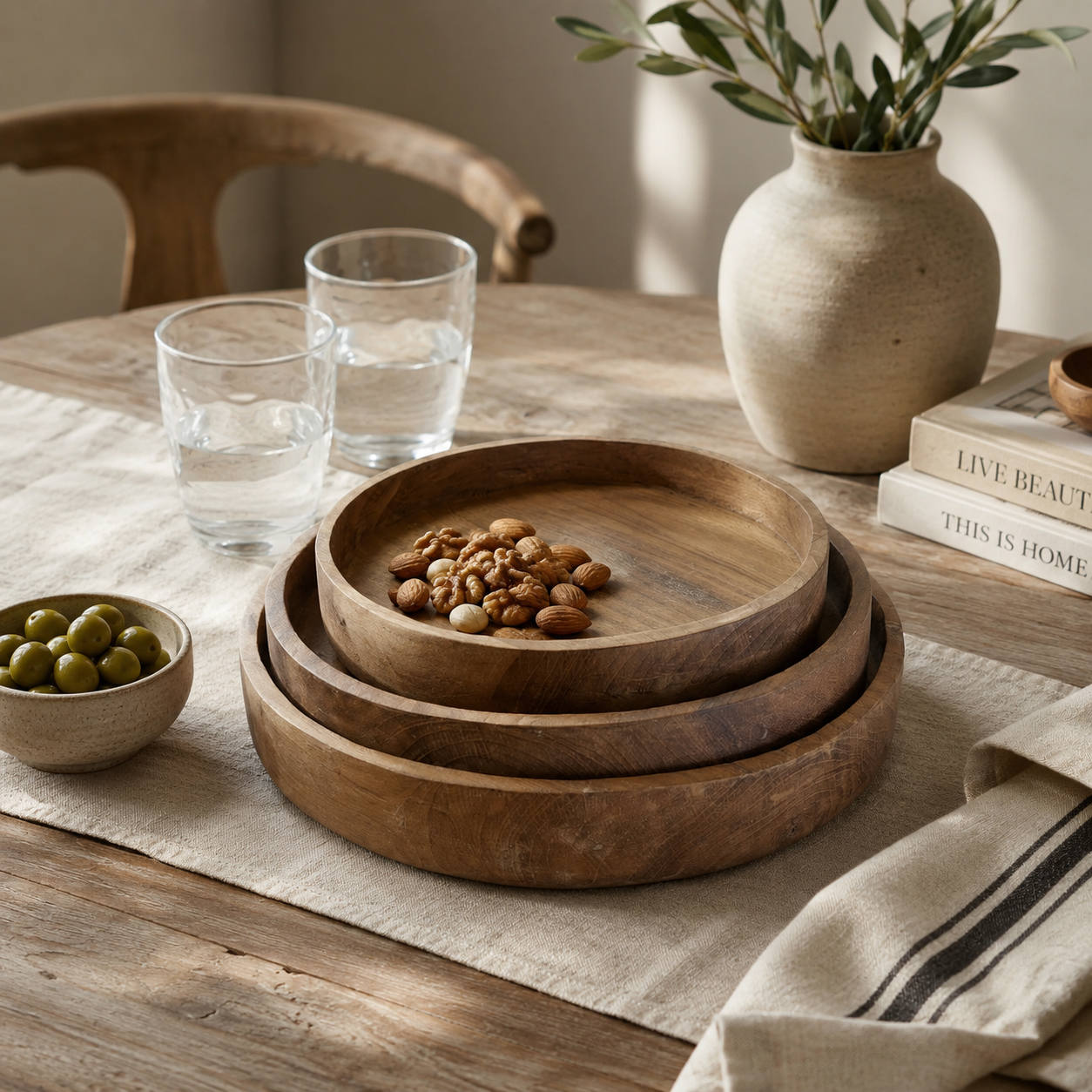 Round Teak Wood Plates Set of 3