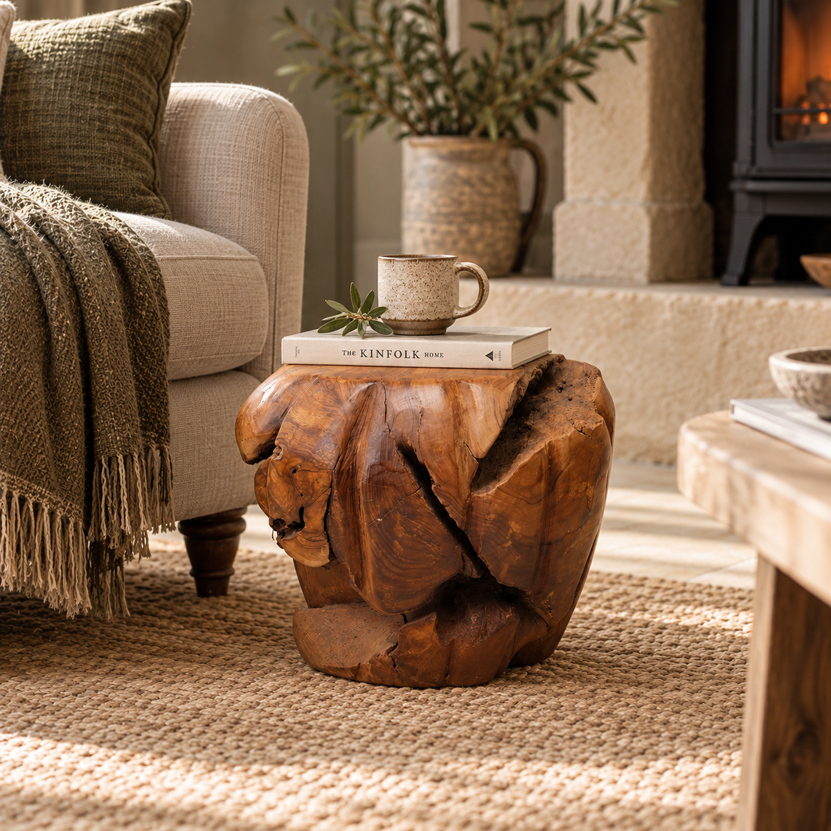 Rustic Teak Root Footstool, a sculptural stool handcrafted from solid teak root.