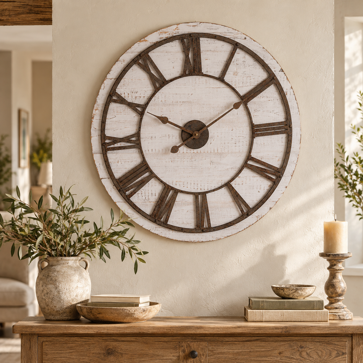Rustic Wooden Clock With Aged Numerals And Hands above a wooden sideboard with olive branches in a stone jug, a wooden bowl, books and a pillar candle