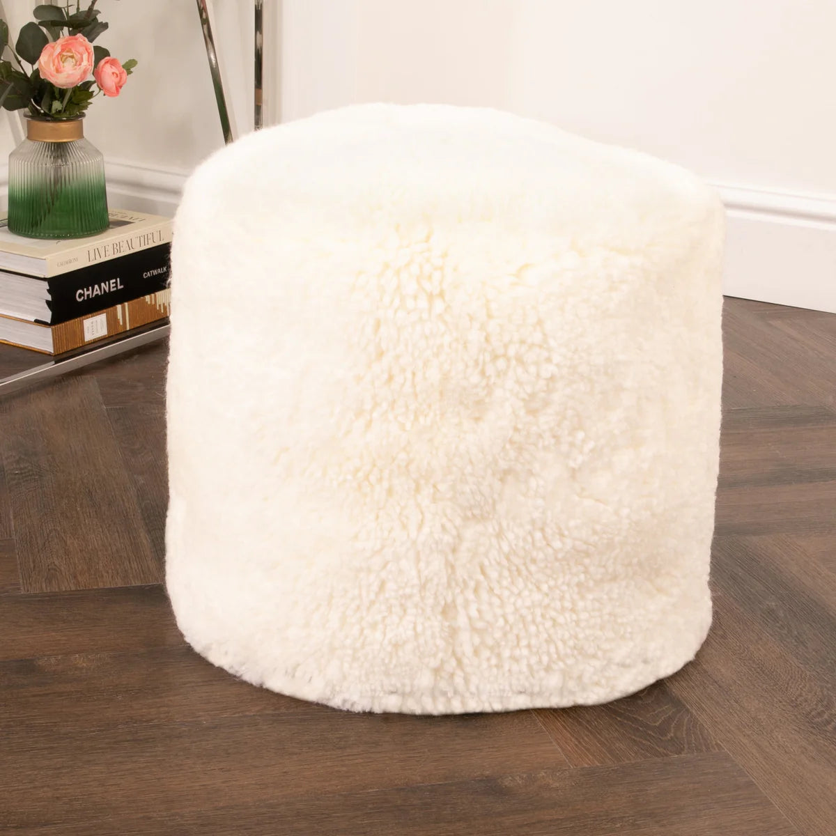 Short Pile Sheepskin Ivory Footstool Pouffe