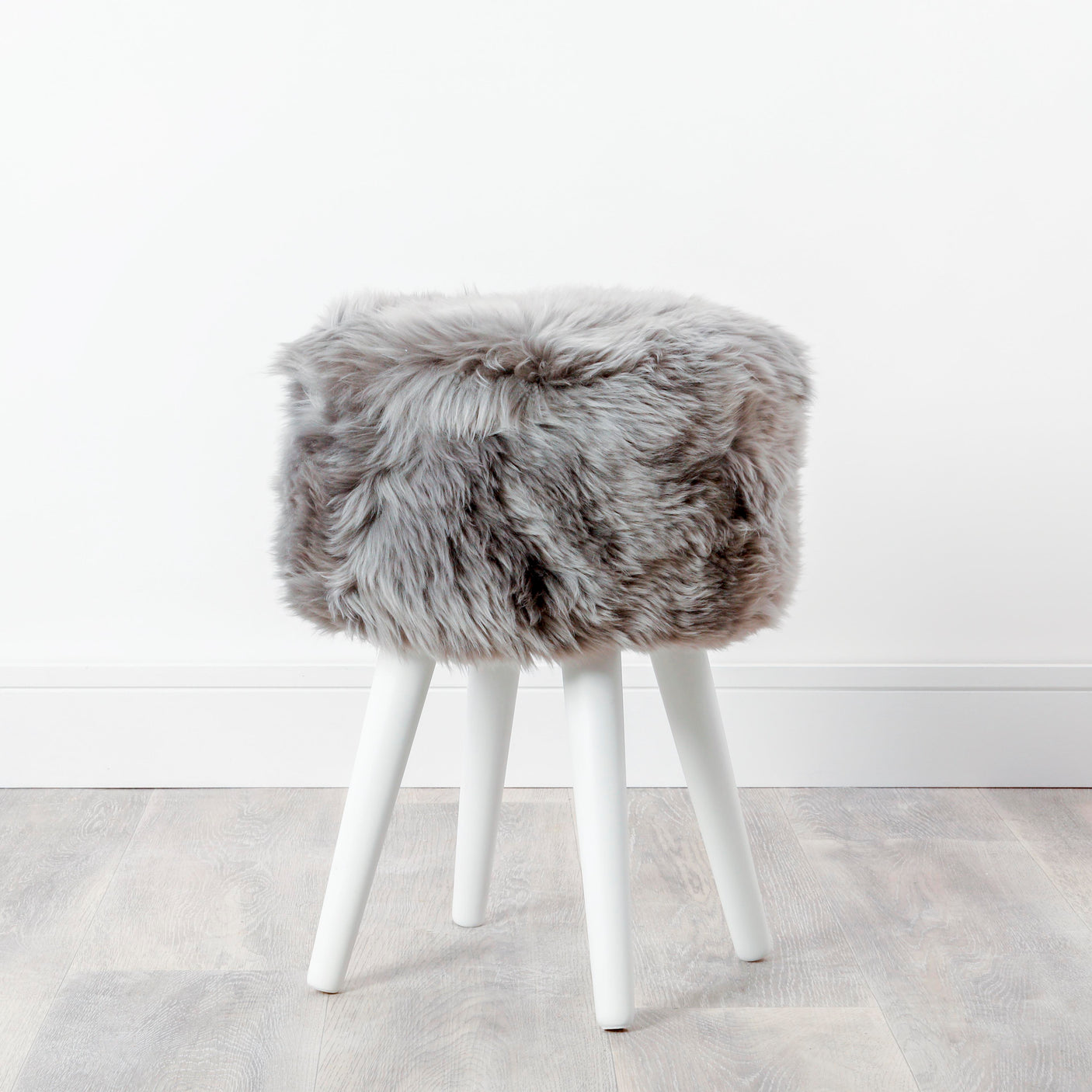 Grey Sheepskin Wood Stool - White