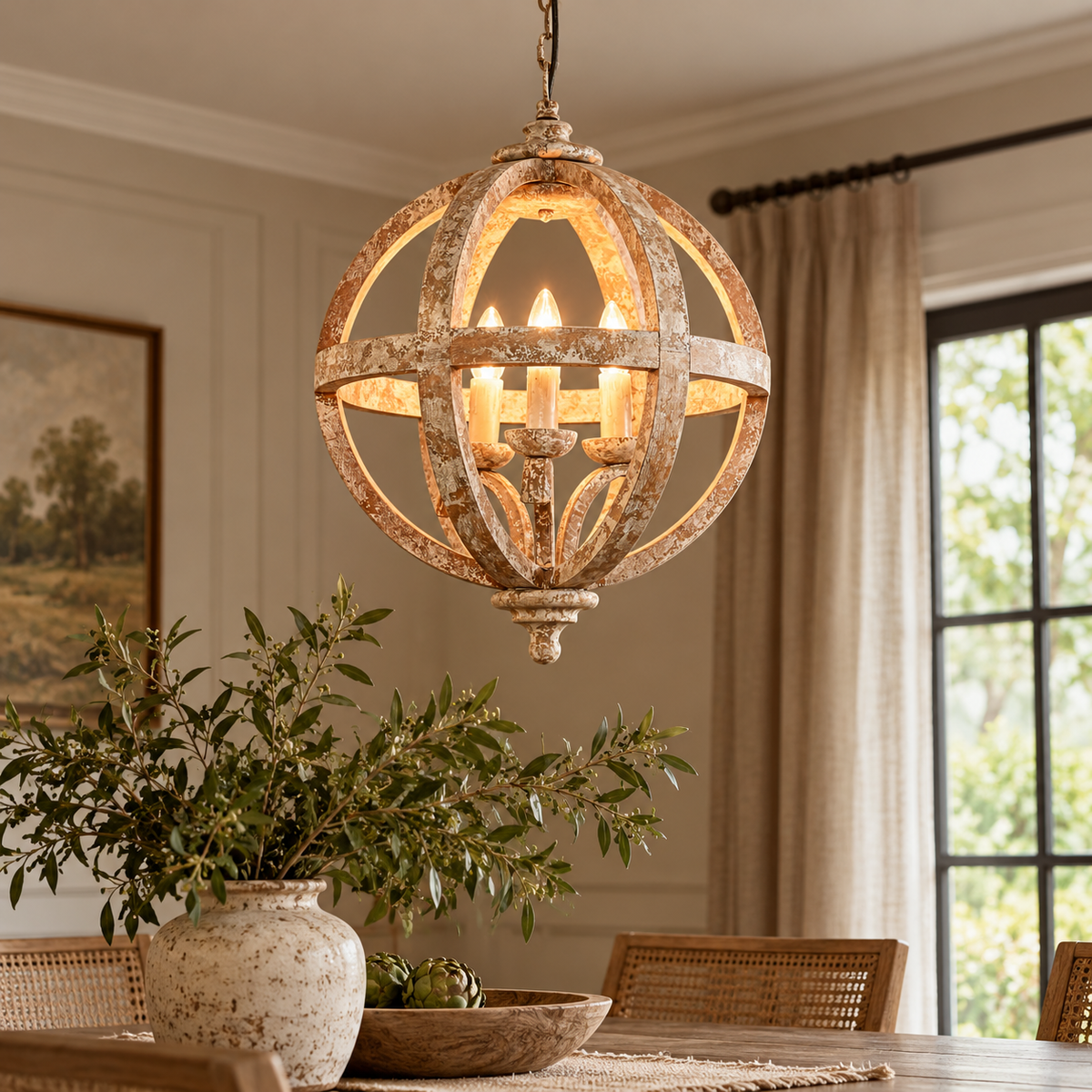 Solara Orb Pendant Ceiling Light lit above a dining table