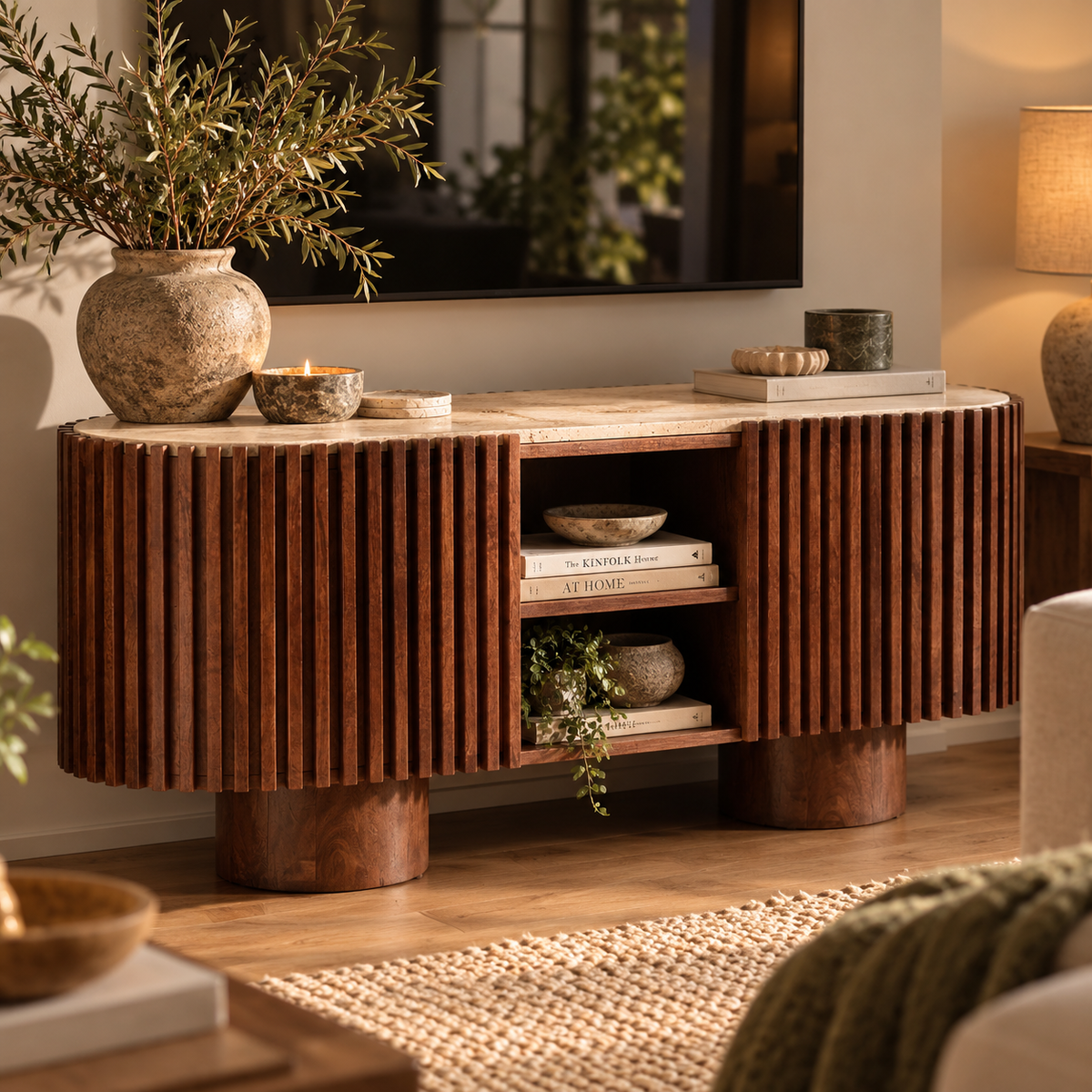 Solmere curved media unit with travertine top and ribbed mango wood, styled with a stoneware vase, books and olive branches