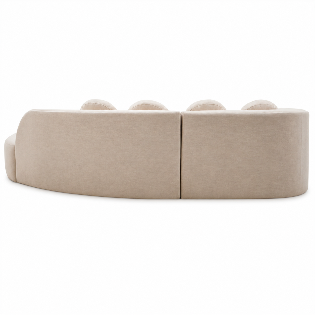 Back view of Sorena curved cream linen sofa on a white background