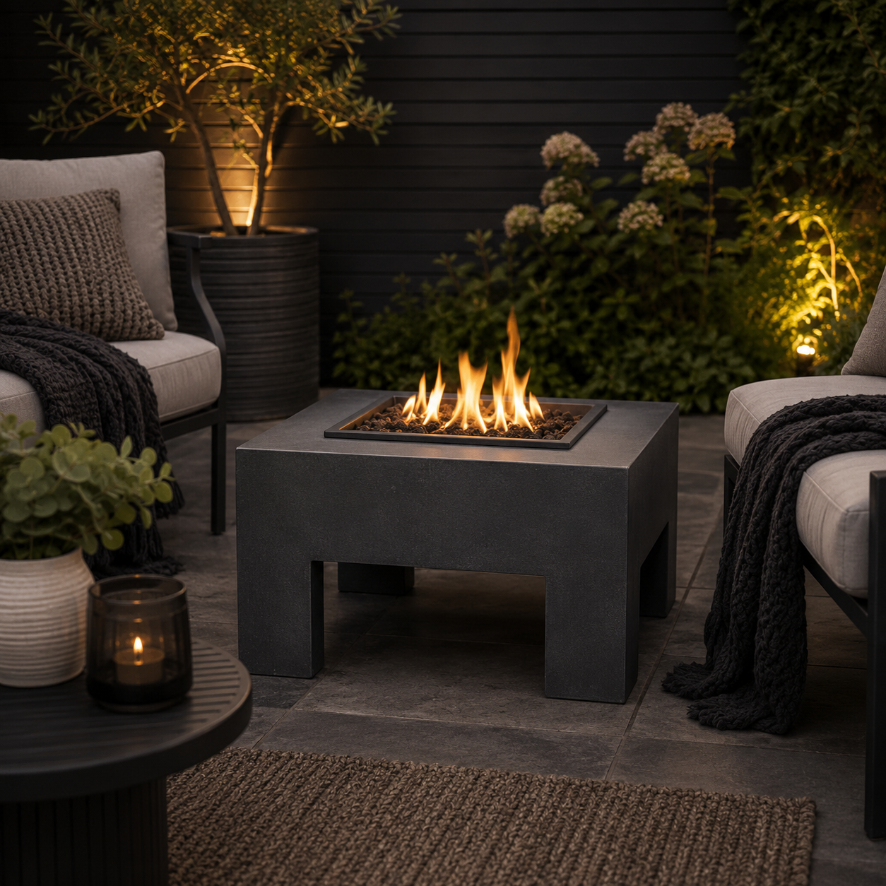 Outdoor patio scene with a fire pit, chairs, and decorative elements at night.