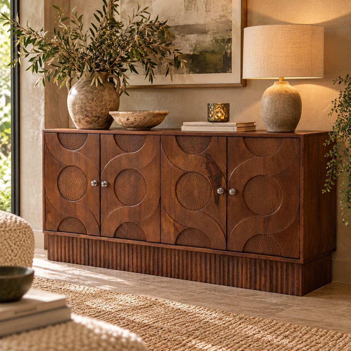 A dark brown wooden sideboard cabinet with a carved circular pattern on the doors, styled in a warm, rustic living room setting with a lamp, books, and decorative vases.