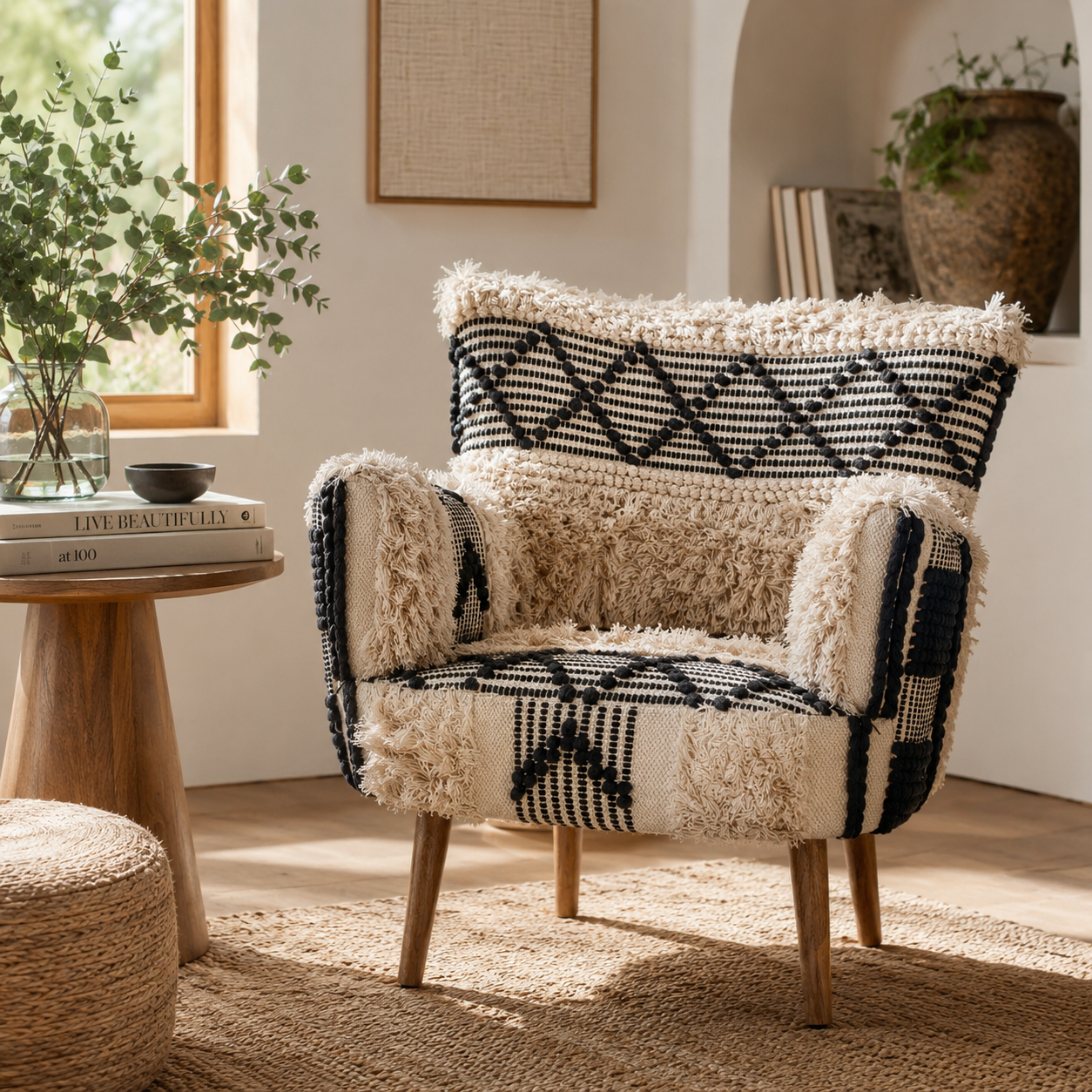 Decorative armchair with black and white pattern in a living room setting