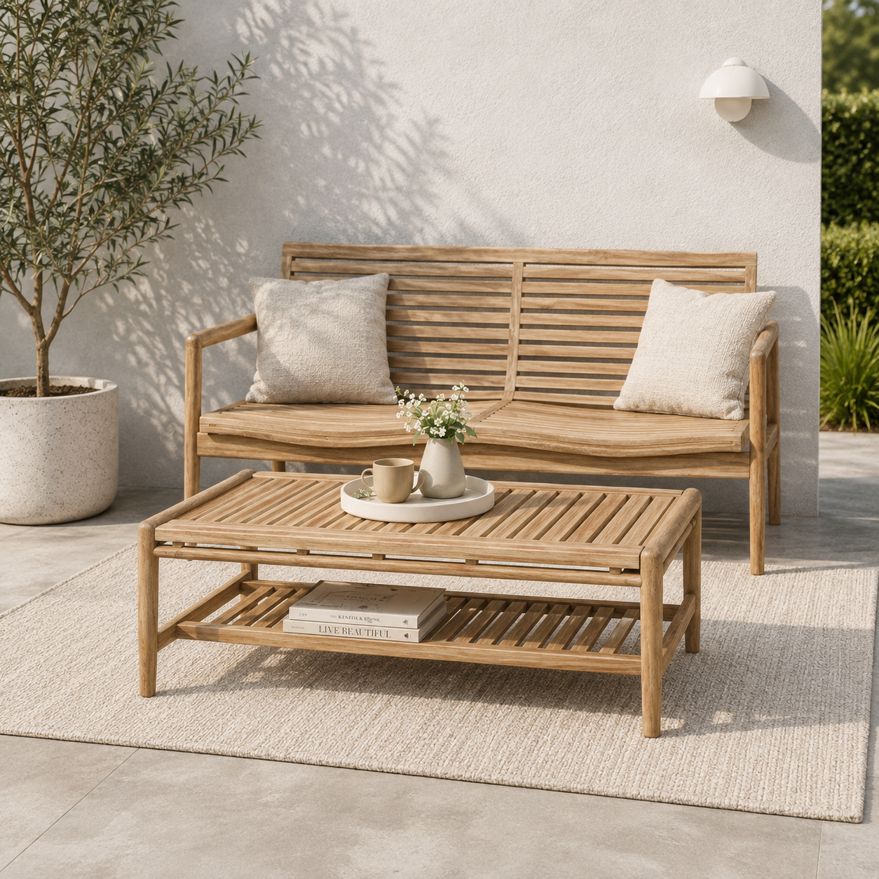 Natural wood outdoor coffee table with a slatted top and lower shelf, styled with a ceramic vase and coffee cup on a neutral rug beside a wooden garden bench.