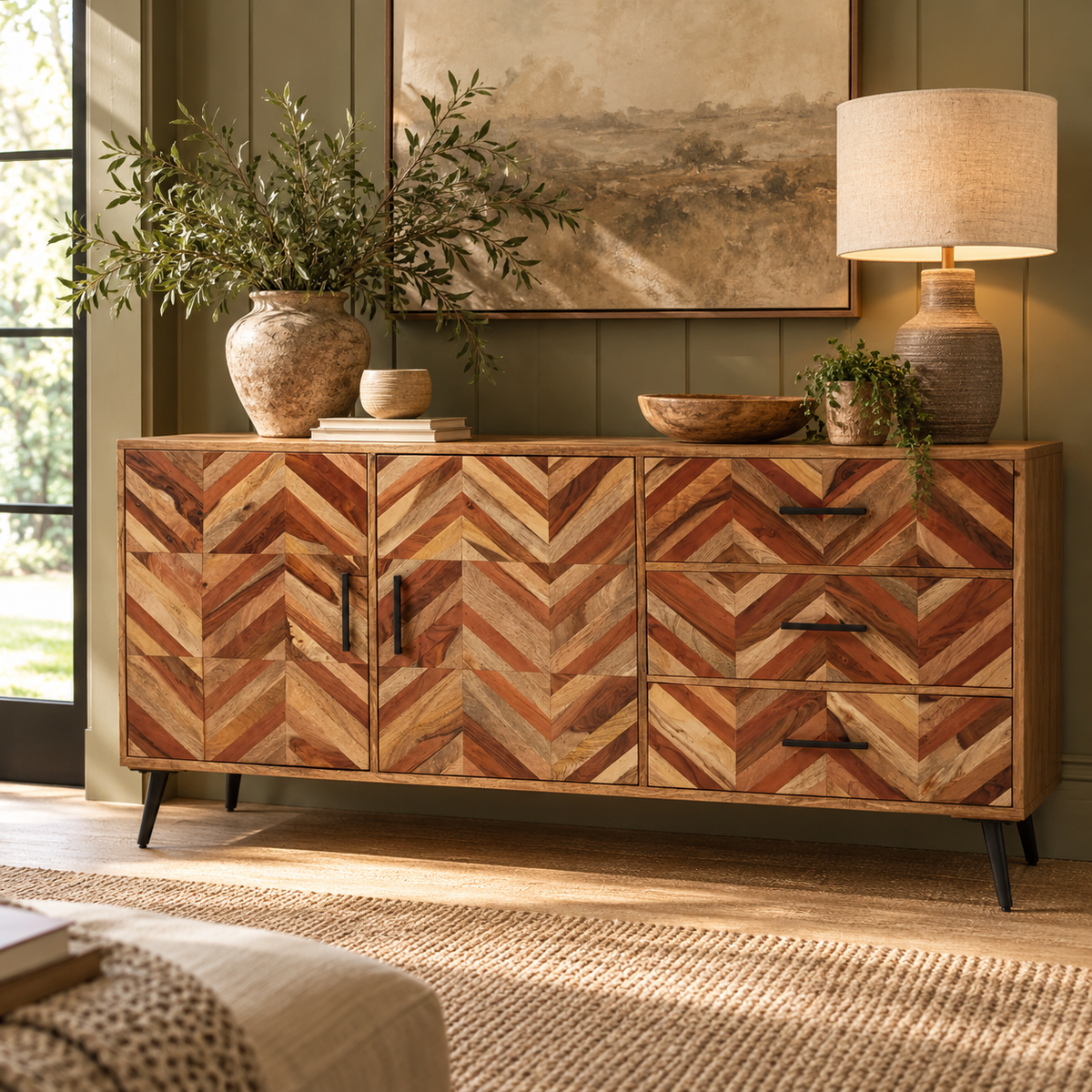 A wooden sideboard with a geometric chevron wood pattern, styled in a warm, rustic room with a lamp, vases, and framed art.
