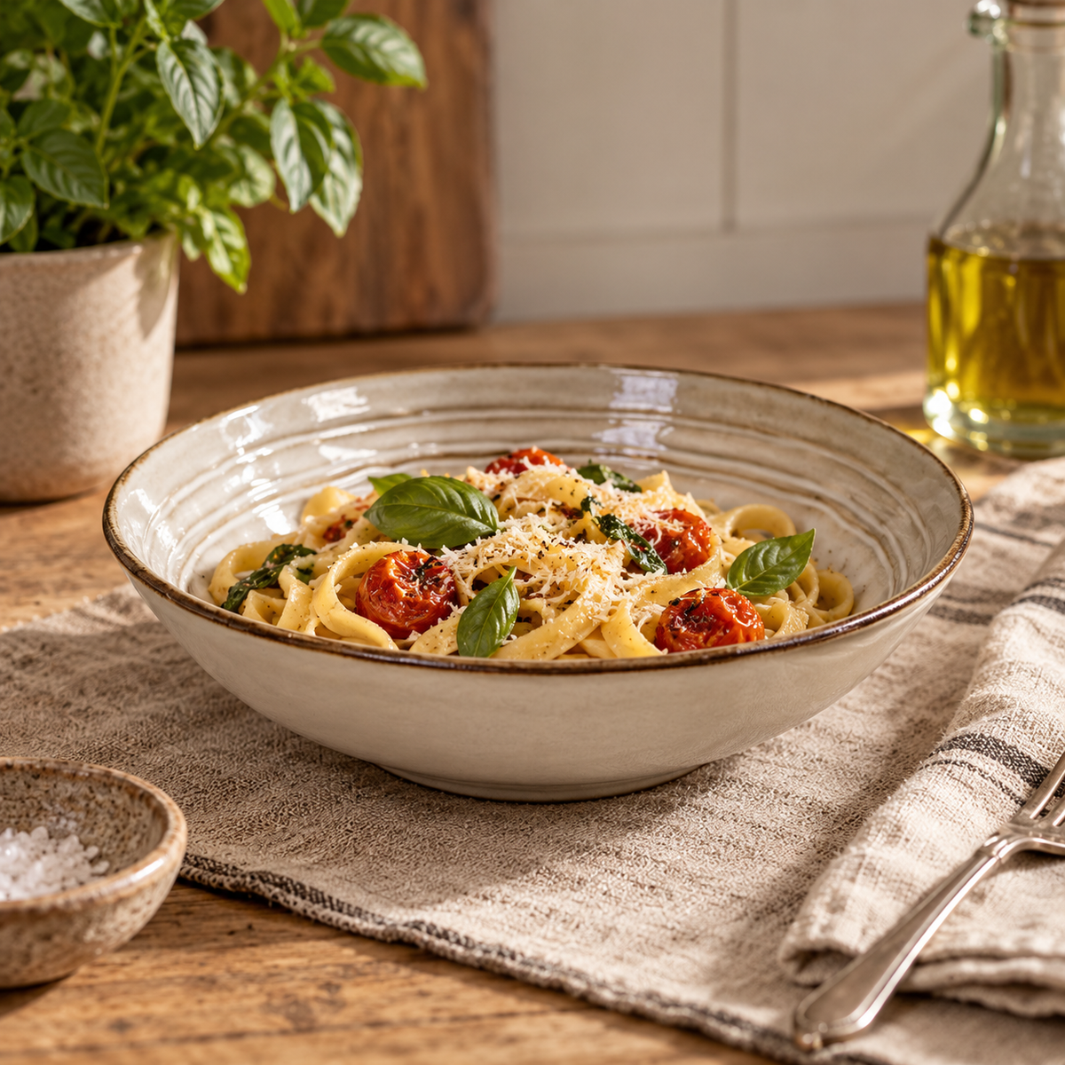 The Gable Collection Set of Four Stoneware Pasta Bowls, one bowl filled with tagliatelle, roasted tomatoes and basil on a linen runner.
