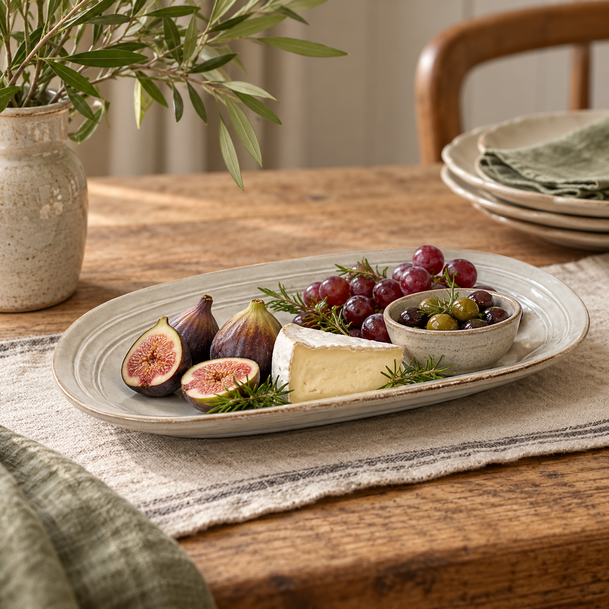 The Gable Collection Stoneware Medium Oval Platter, served with figs, grapes, cheese and a small bowl of olives on a linen runner.