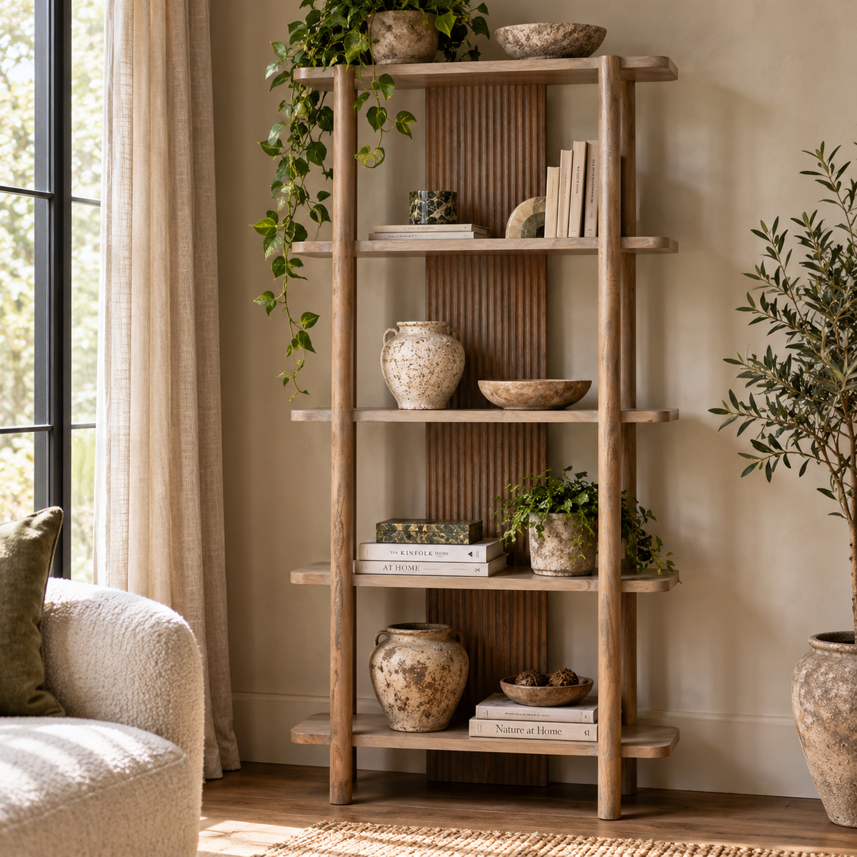 The Hawthorn Five Tier Grey Mango Wood Shelf Unit styled with books, stoneware pots, bowls and trailing plants beside a window in a sunlit living room.