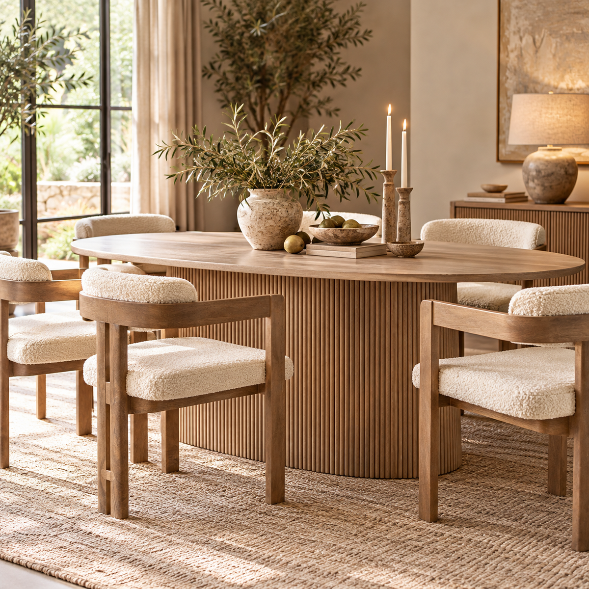 The Hawthorn Grey Mango Wood Oval Dining Table with its reeded pedestal base, surrounded by bouclé dining chairs on a jute rug, with a stone vase of olive branches and candlesticks in a sunlit dining room.