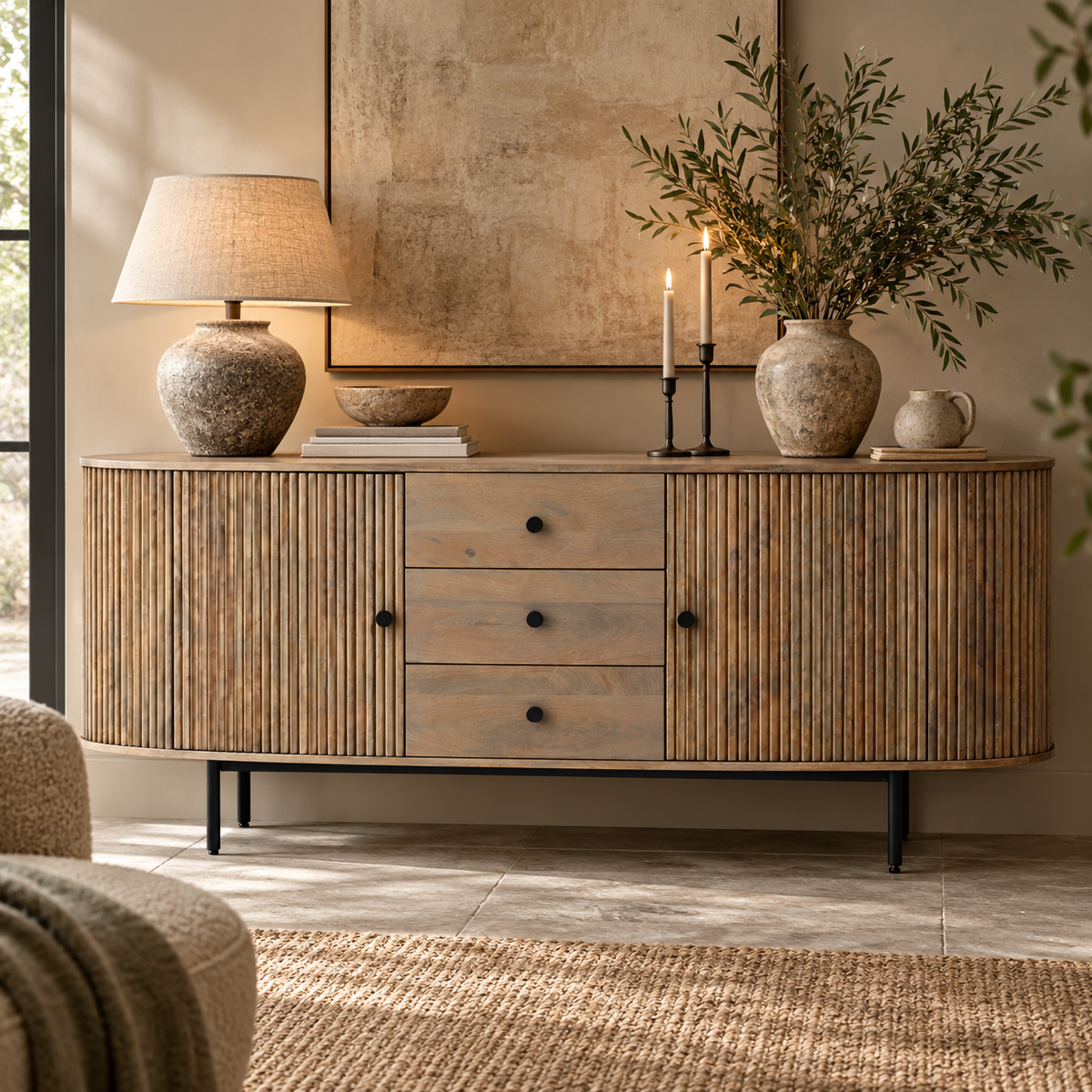 The Hawthorn Two Door Three Drawer Grey Mango Wood Oval Sideboard on black metal legs, styled with a linen lamp, stone vases of olive branches and candlesticks beneath a framed artwork.
