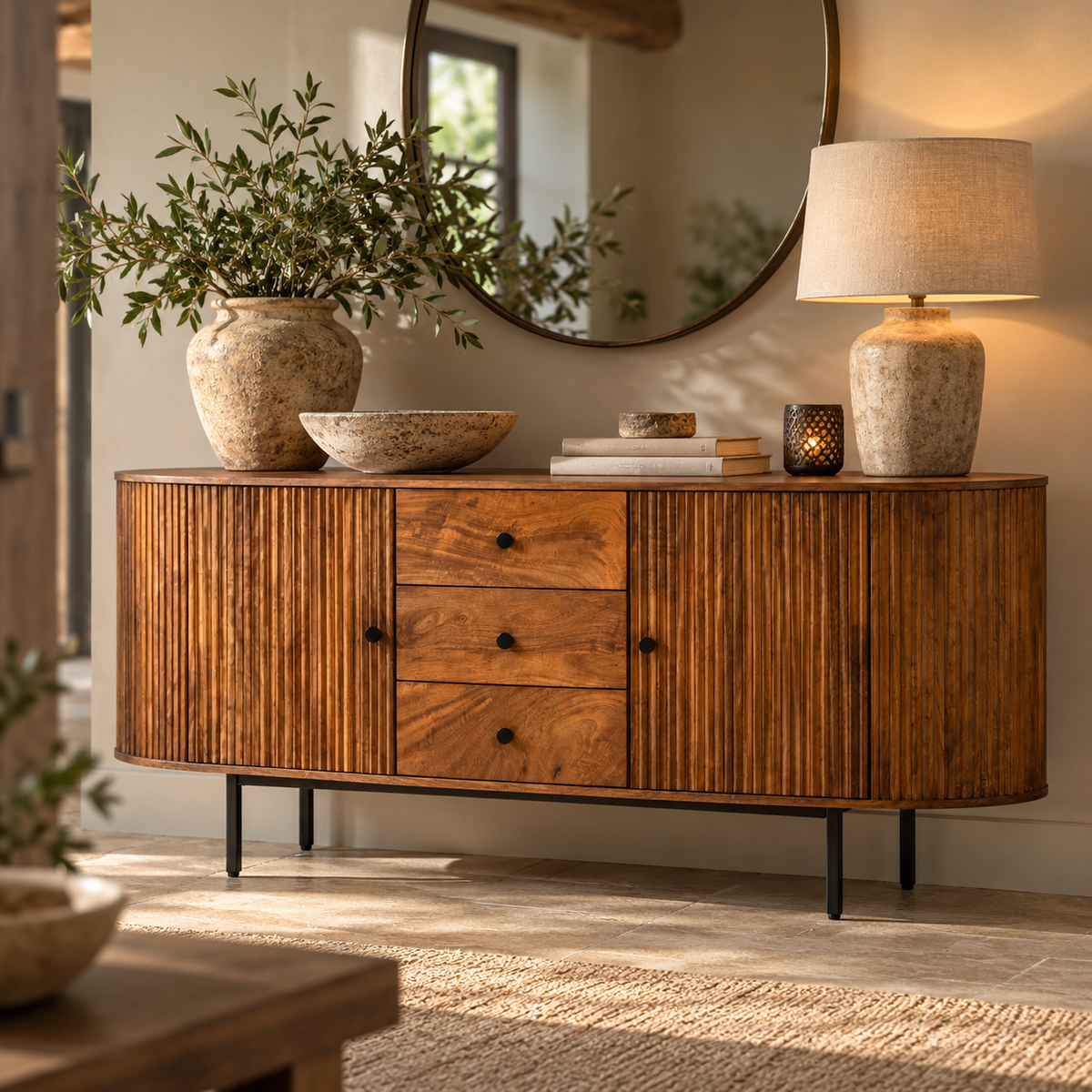 The Hawthorn Two Door Three Drawer Mango Wood Oval Sideboard on black metal legs, styled with a linen lamp, stone vase of olive branches and round mirror.