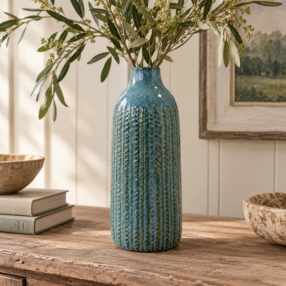 Tall blue ceramic vase with raised vertical detailing, styled with leafy branches on a rustic wooden table in a warm, neutral interior.