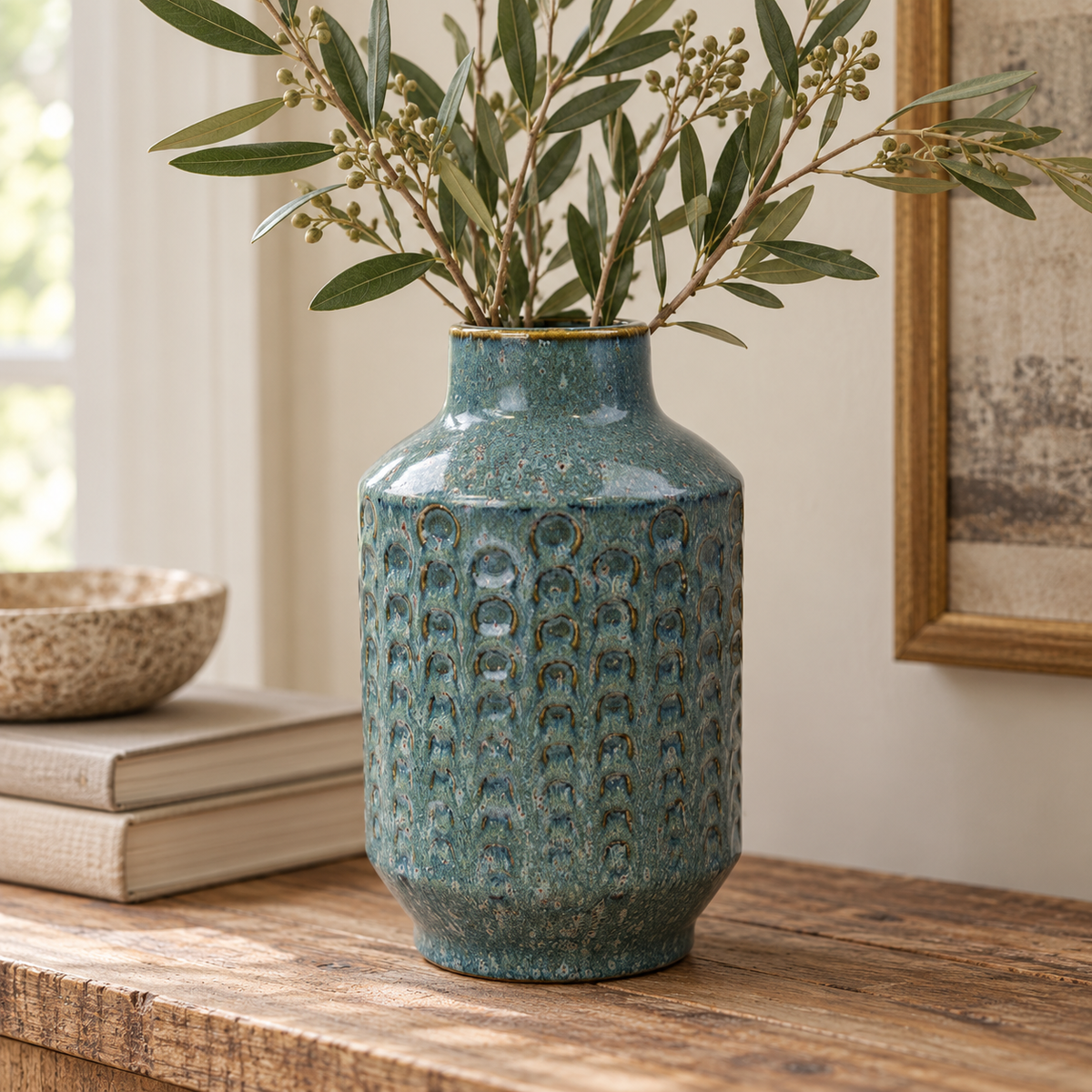 Textured teal ceramic vase with an embossed arch pattern, displayed on a rustic wooden table with olive branches, neutral books and a stone bowl in a warm, natural interior