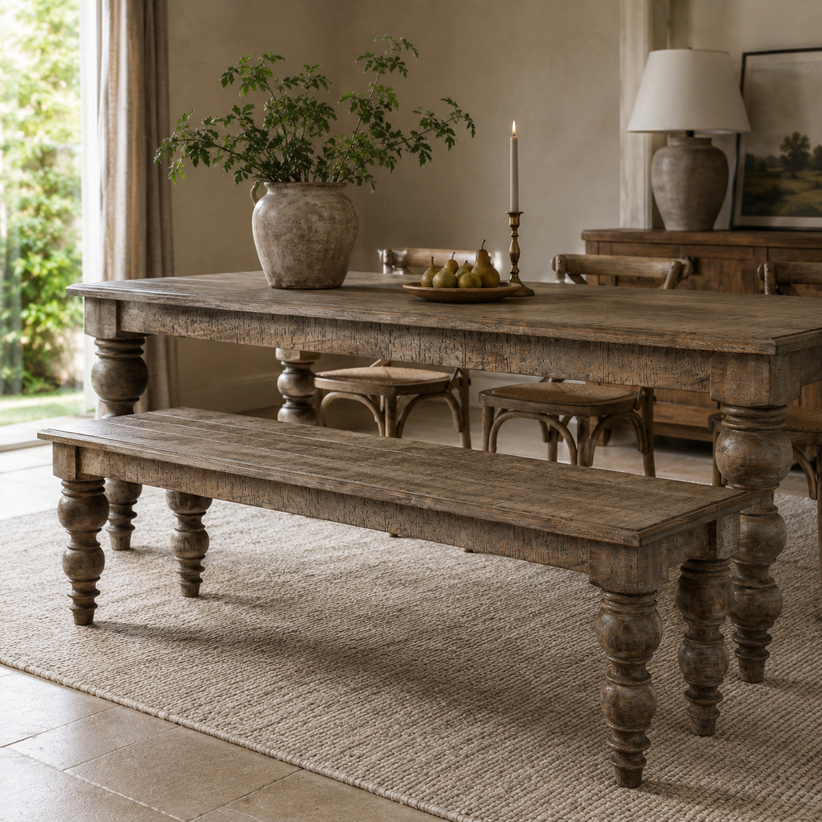 A rustic wooden dining table with matching bench and chairs in a styled dining room setting.