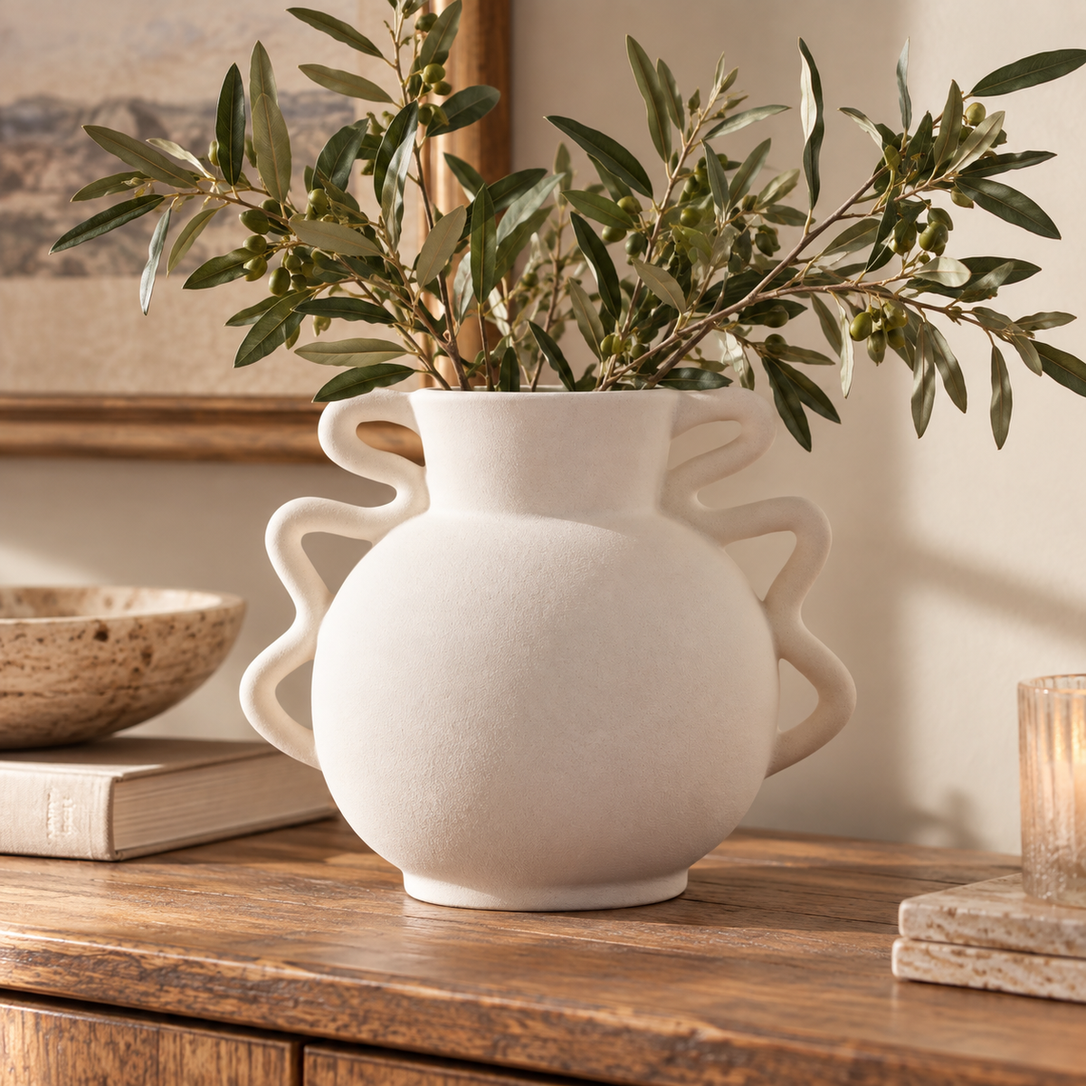 Tova White Wide Vase with Abstract Handles, filled with green olive branches, displayed on a rustic wooden table in a warm, styled interior setting.