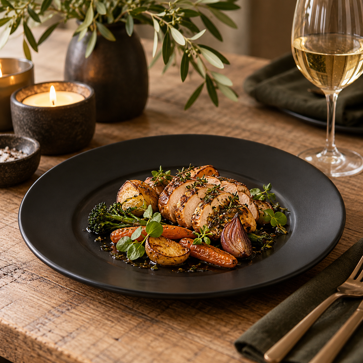 Vara Black Stoneware Dinner Plate with roast chicken and vegetables on a wooden table, beside a candle, a glass of white wine and olive branches