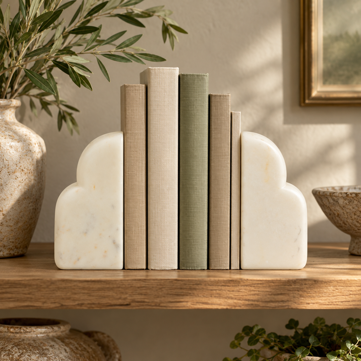 Vela White Marble Set of Two Bookends holding a row of linen and sage books on a rustic wooden shelf, with a stone vase of olive branches.