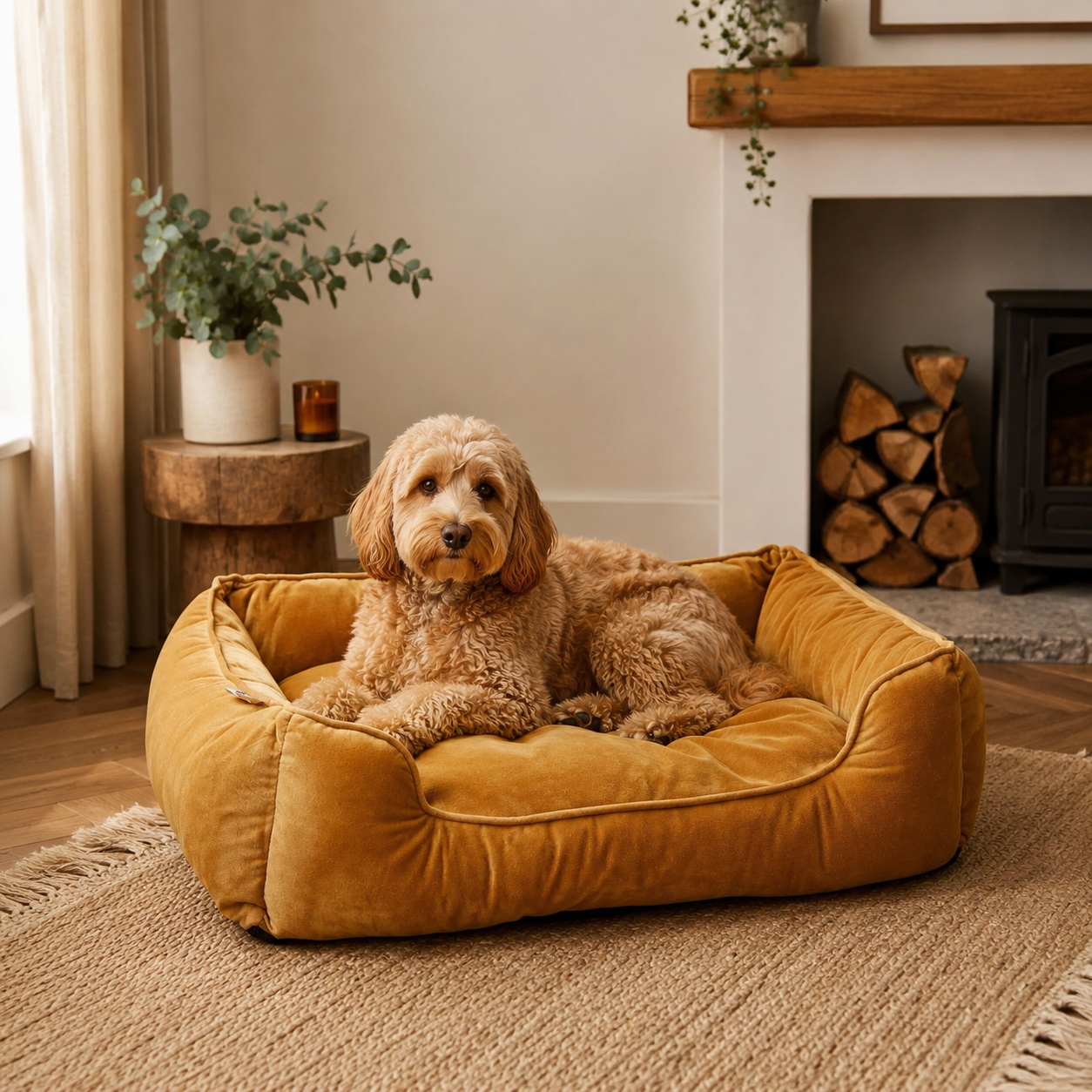 Dog sitting on a plush yellow dog bed in a cosy living room with a fireplace and plants.