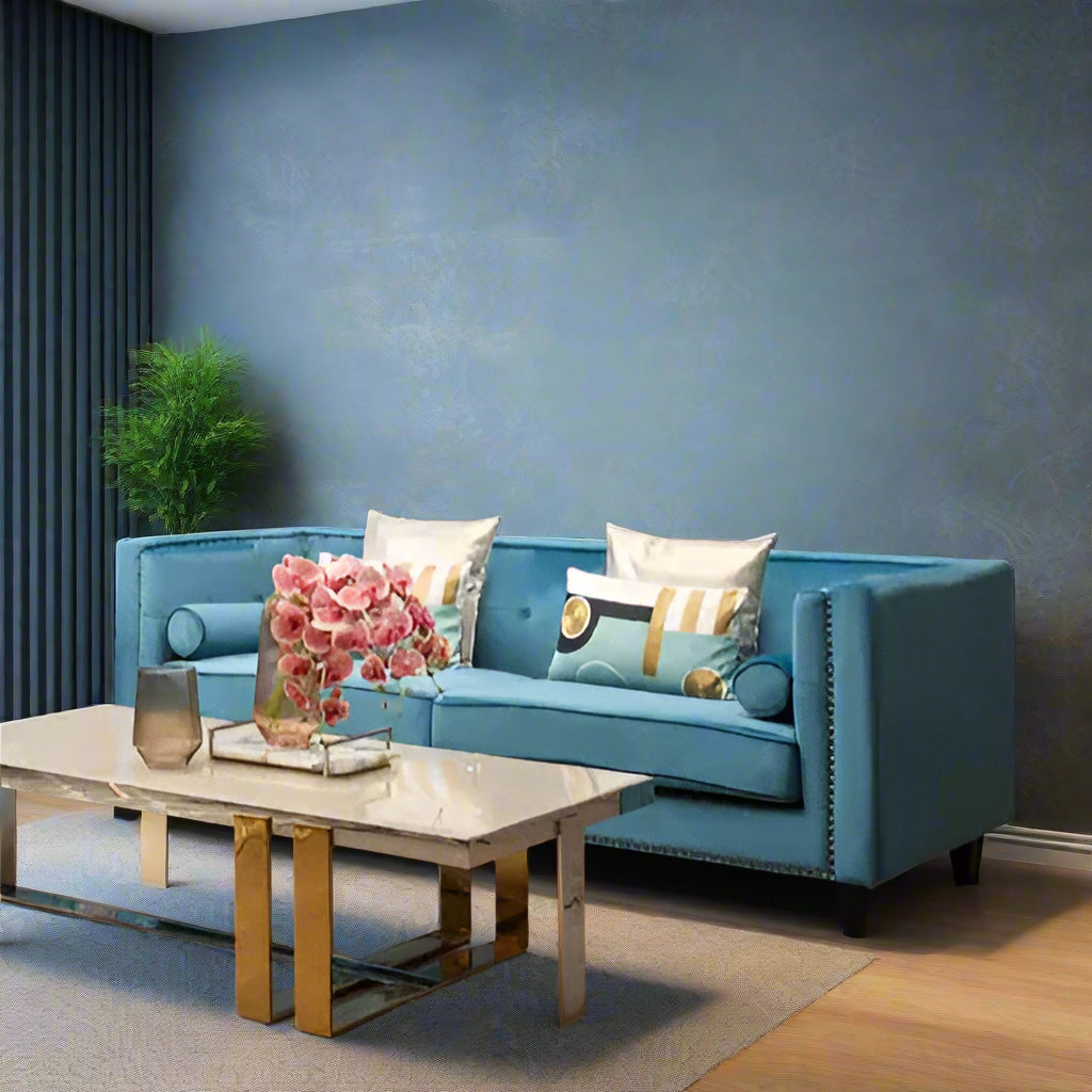 Calisa Three Seater Blue Velvet Sofa