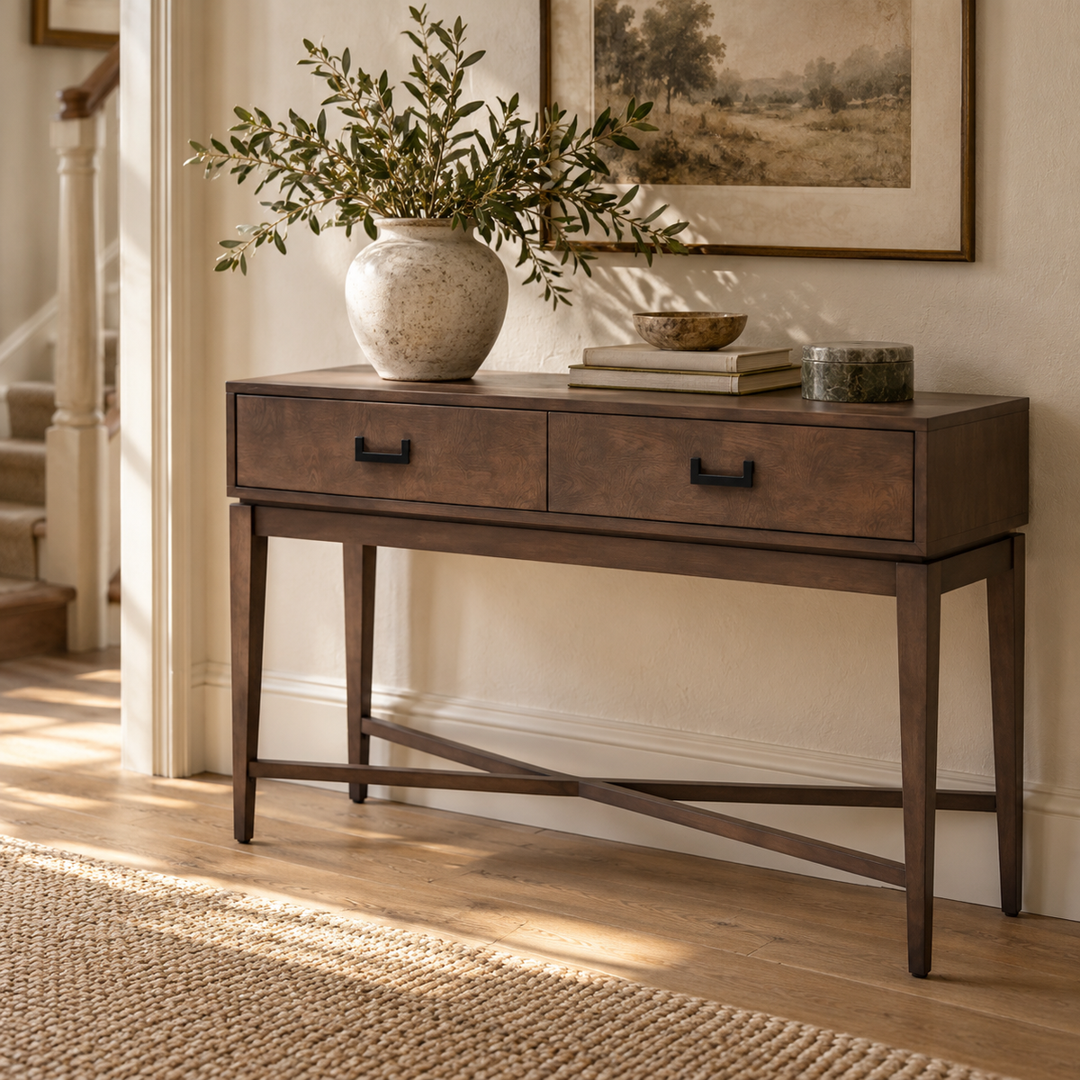 Verona Antique Grey Console Table styled in a hallway with a stoneware vase of olive branches, books and a landscape print above
