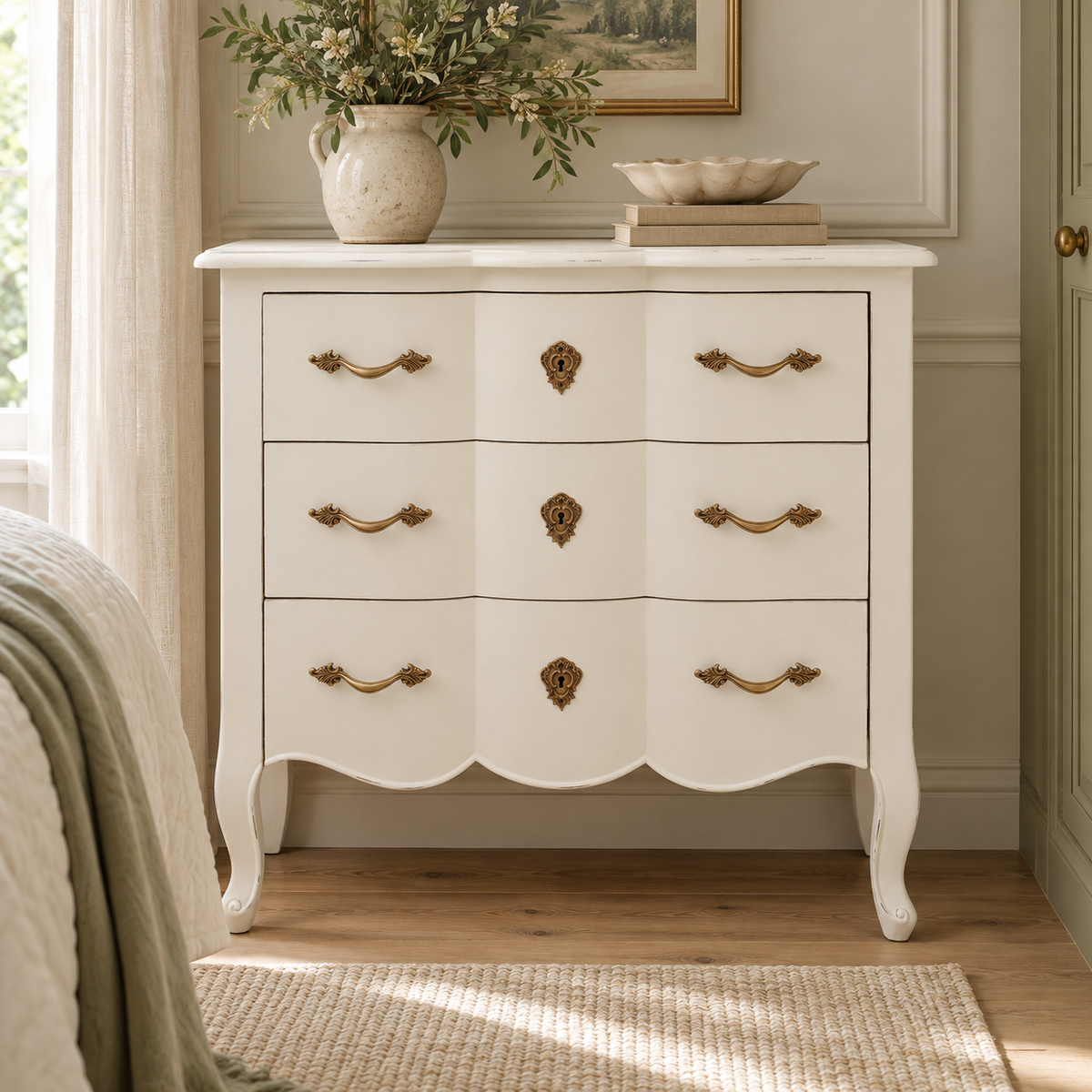 Vienne 3 Drawer White Chest in a bedroom, styled with a vase of olive branches, a bowl and books beneath a framed picture