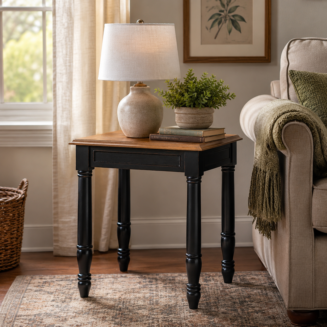 Living room with a wood and black side table, lamp, and books near a sofa.
