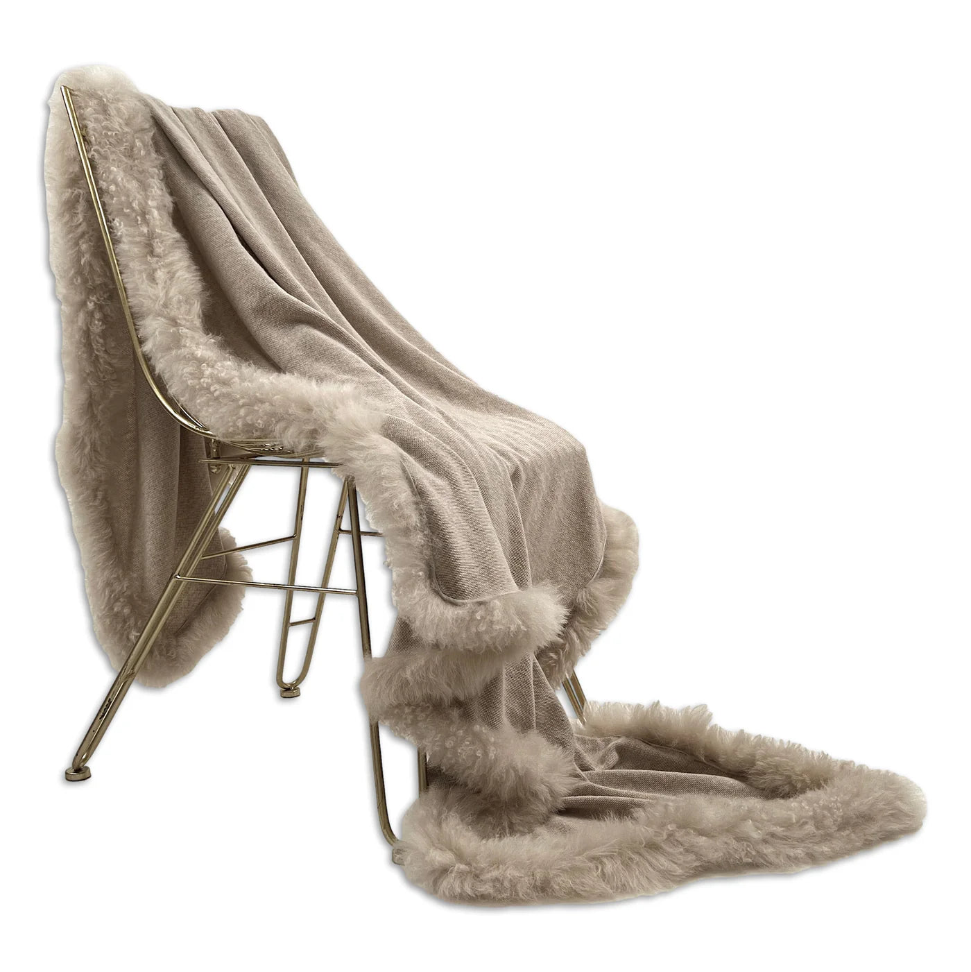 Woven Beige Wool Blanket With Sheepskin Trim