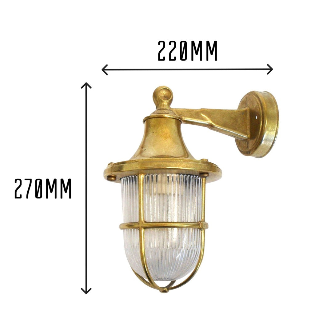 Brass wall-mounted light fixture with dimensions indicated on a white background