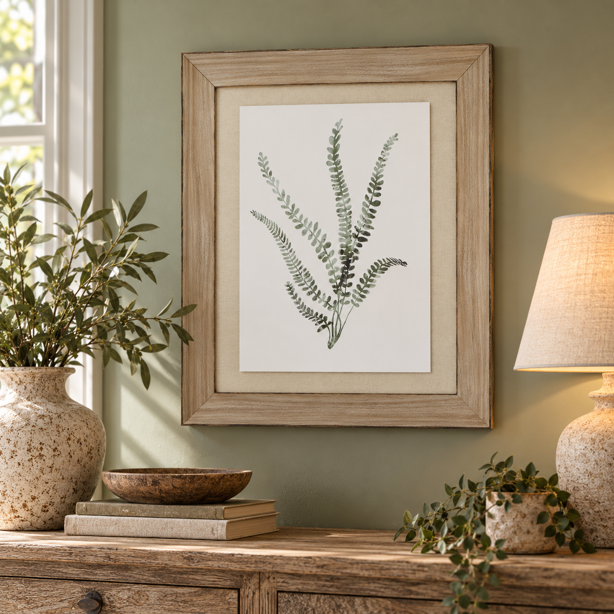 Watercolour Delicate Fern In Washed Wood Frame above a rustic wooden sideboard with olive branches in a stone vase, a linen table lamp and trailing ivy
