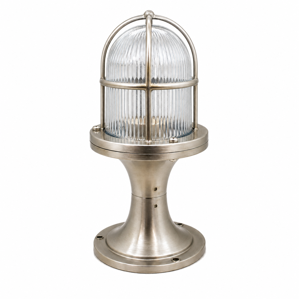 A marine navigation light fixture with a ribbed clear glass dome and a brushed silver metal base and cage, shown on a solid white background.