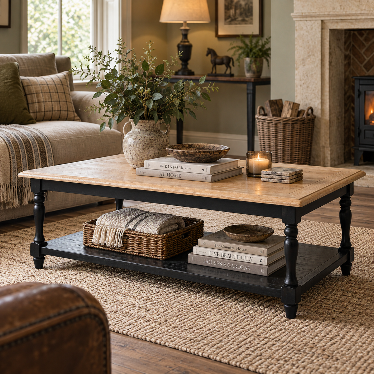 A rectangular coffee table with a light natural wood top and a black metal frame with turned legs, styled in a cozy living room with books, a candle, and baskets on a woven rug.