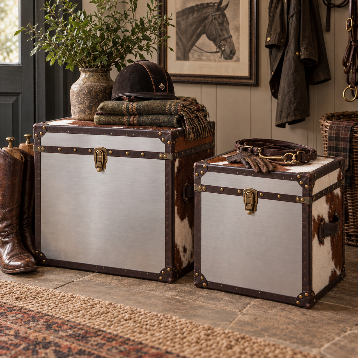 Two vintage-style metal and cowhide trunks in a rustic indoor setting, styled with equestrian accessories including a riding helmet, gloves, boots, and a folded plaid blanket.