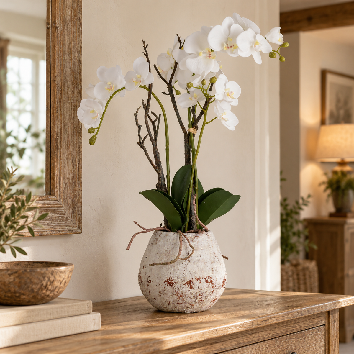 White Orchid In Stone Pot on a wooden chest of drawers, beside a rustic wooden mirror and a carved bowl