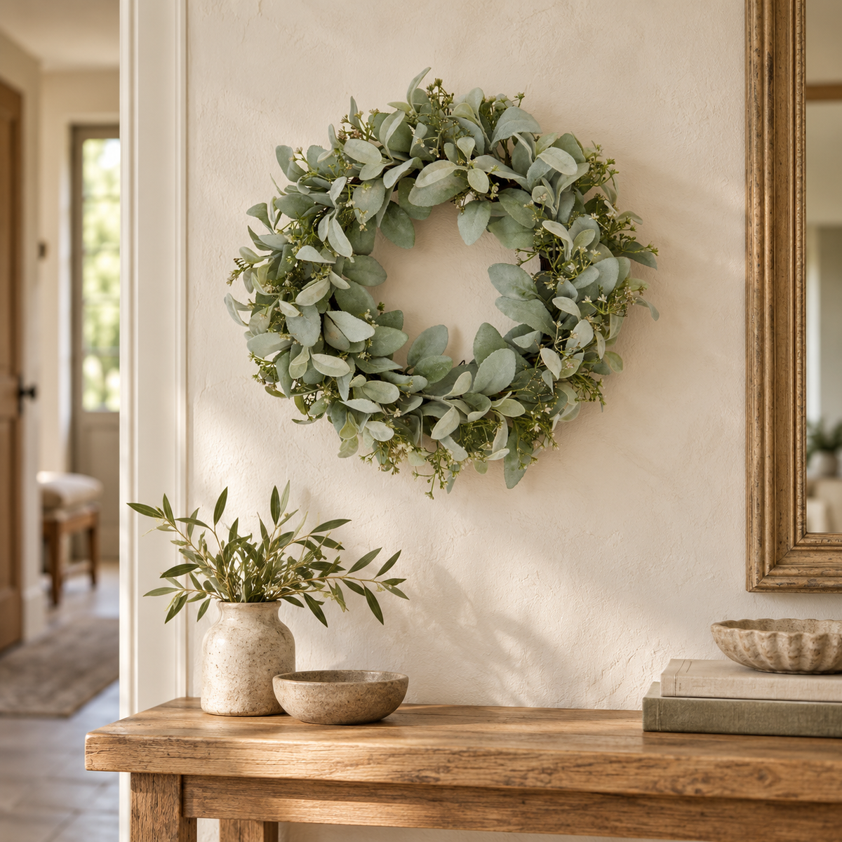 Lambs ear and wax flower wreath hanging on a cream wall above a rustic wooden console with olive stems in a stoneware vase