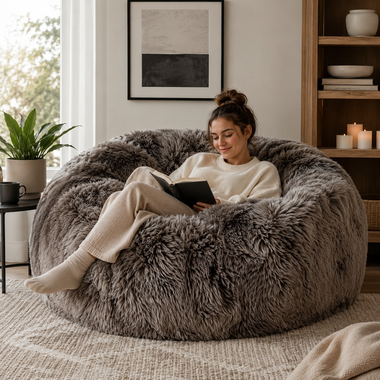 Woman reading a book on a fluffy grey sheepskin bean bag chair in a cosy living room.