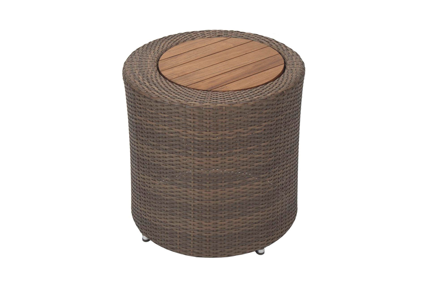 Round woven side table with wooden top on a white background