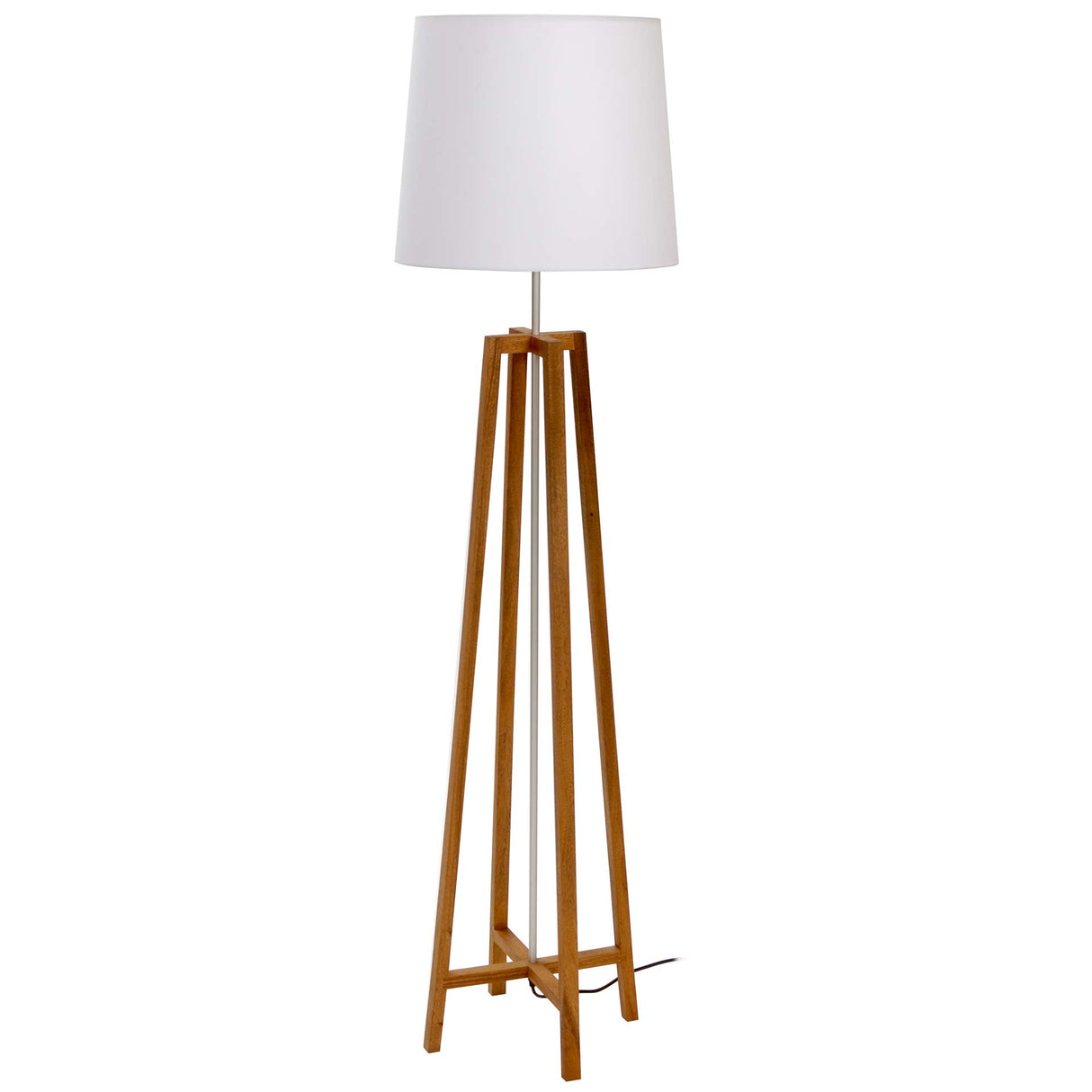 Floor lamp with wooden base and white shade on a white background