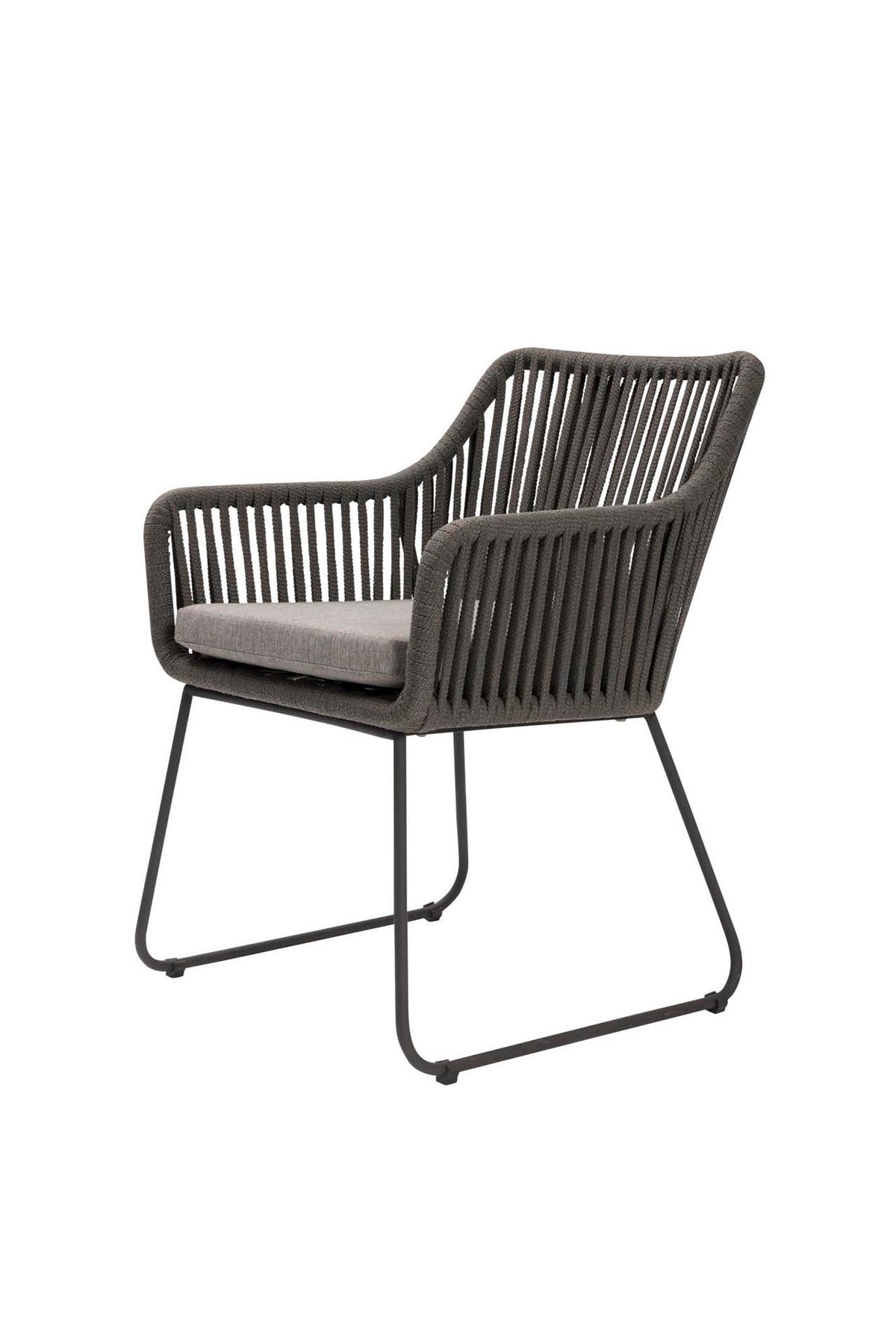 Dark grey wicker chair with grey cushion on a white background