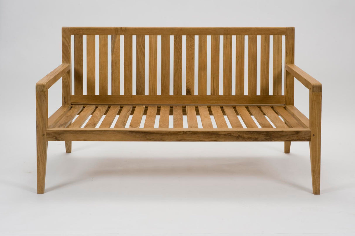 A wooden outdoor bench with a slatted backrest and seat, featuring armrests and a natural oak finish, photographed against a seamless white background.