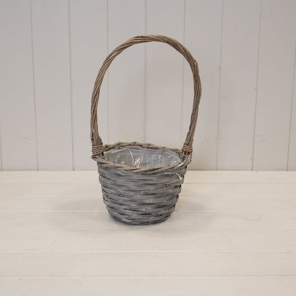 24cm Round Greywashed Willow Basket with overhandle