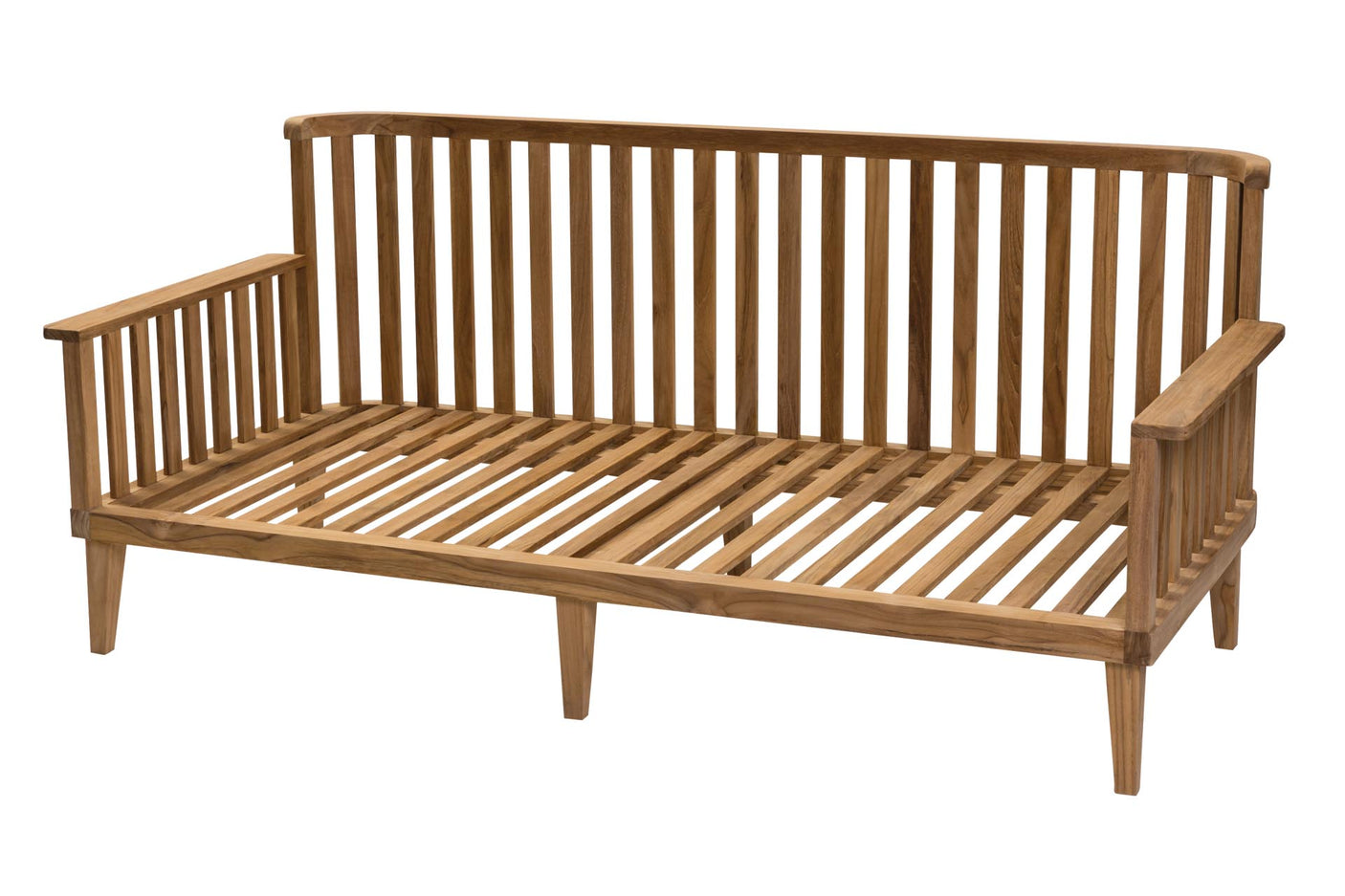 A mid-century modern wooden outdoor sofa with a warm medium-brown finish, featuring vertical slats on the backrest and seat, and integrated armrests, shown against a plain white background.