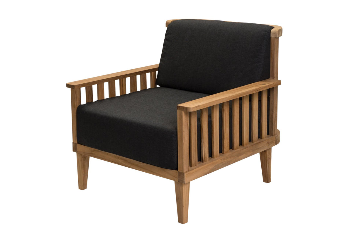 A modern wooden armchair with a natural wood slatted frame and thick black cushions on the seat and backrest, shown against a plain white background.