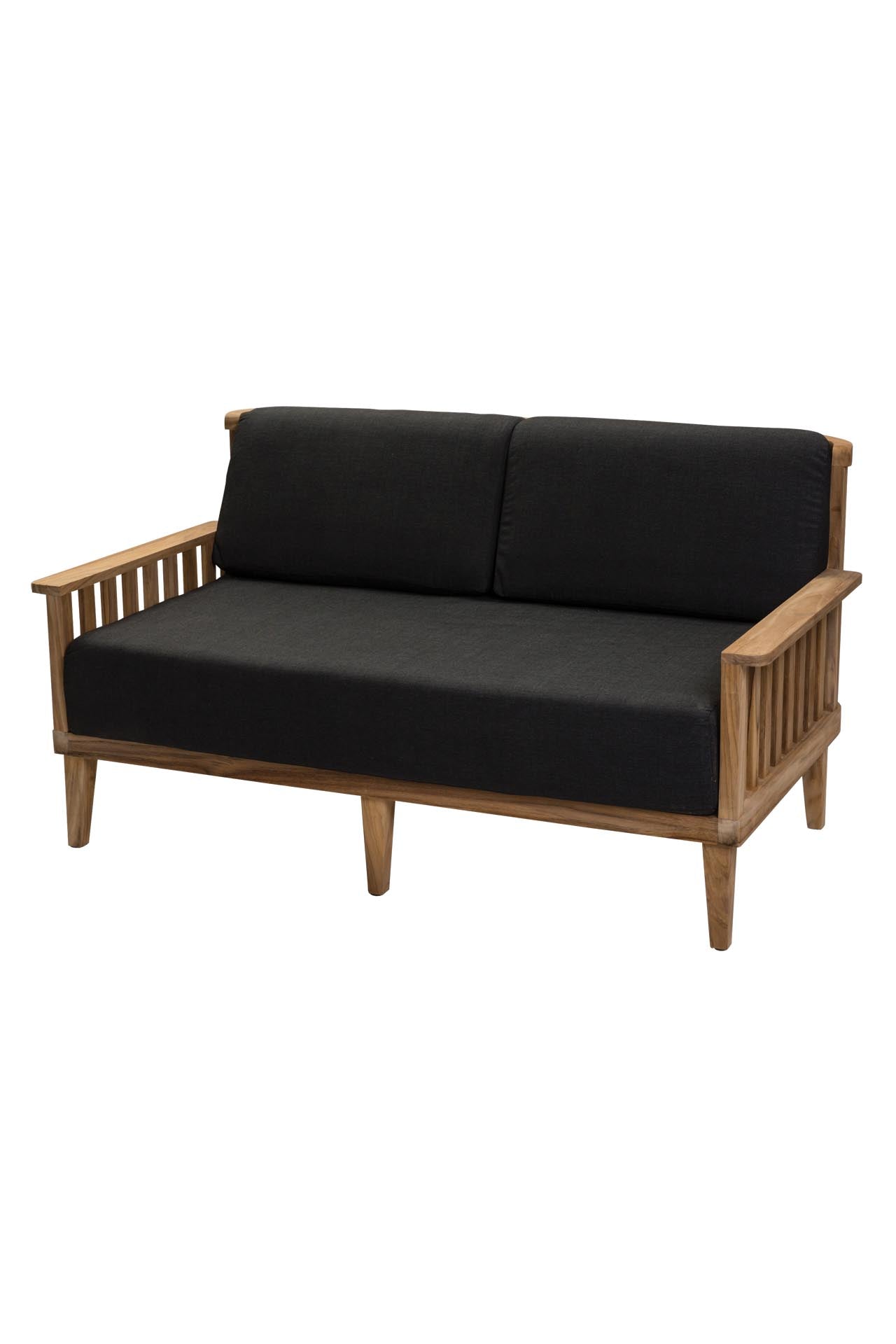 A mid-century modern outdoor sofa with black cushions and a light brown wooden frame, shown against a plain white background.