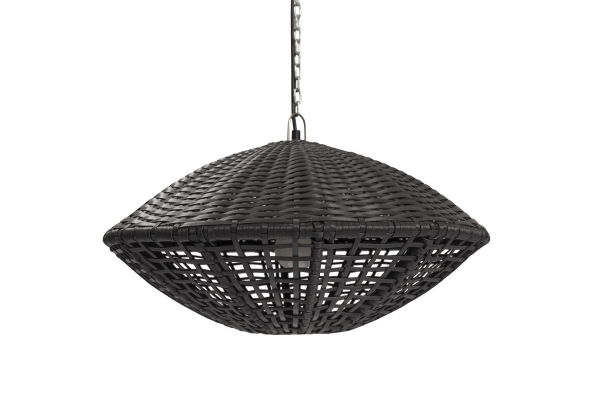 Black wicker decorative outdoor hanging light shade on a white background
