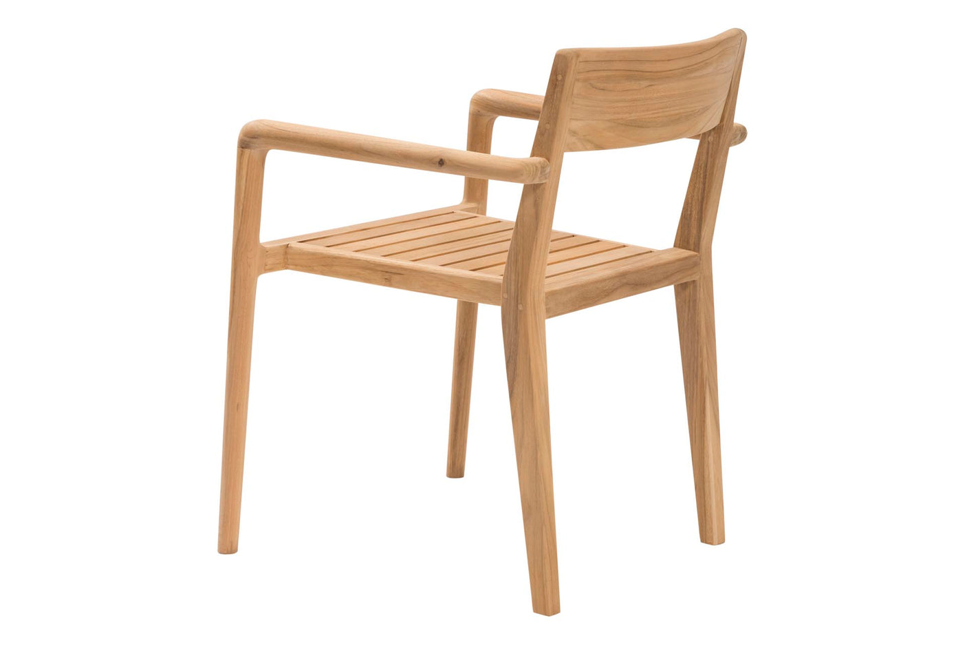 Back view of teak wood outdoor chair with armrests on a white background