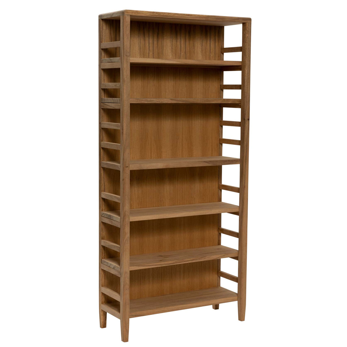 A tall wooden bookcase with five shelves and open side panels, shown on a plain white background.